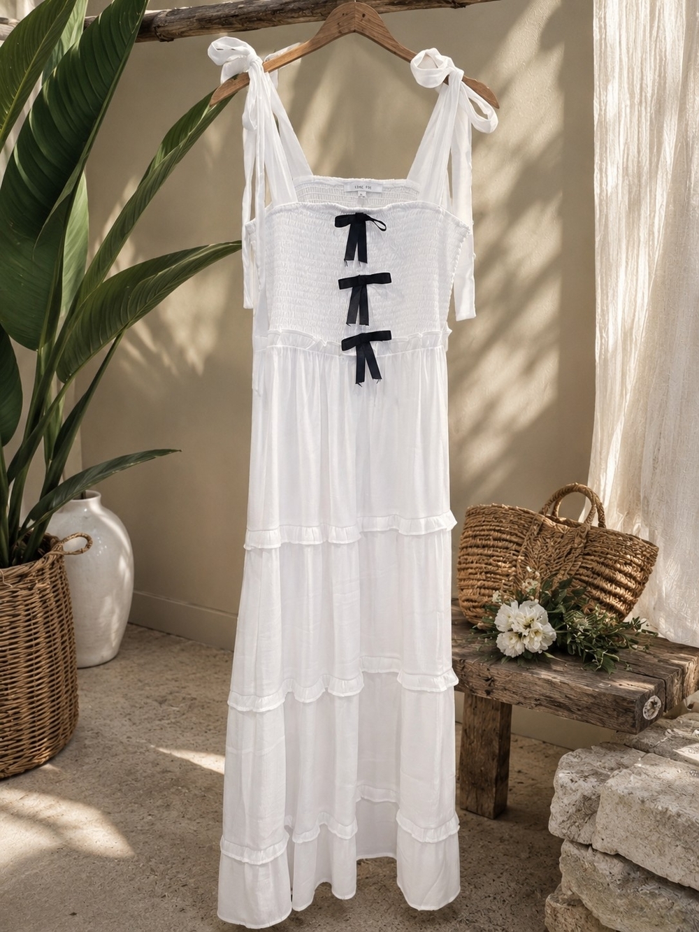 Love Tree White Maxi Dress with Black Ribbon Detail
